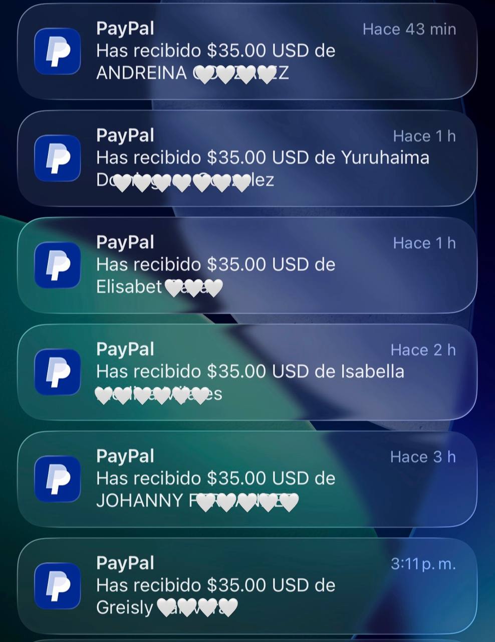 Múltiples notificaciones de PayPal recibiendo pagos de $35 USD