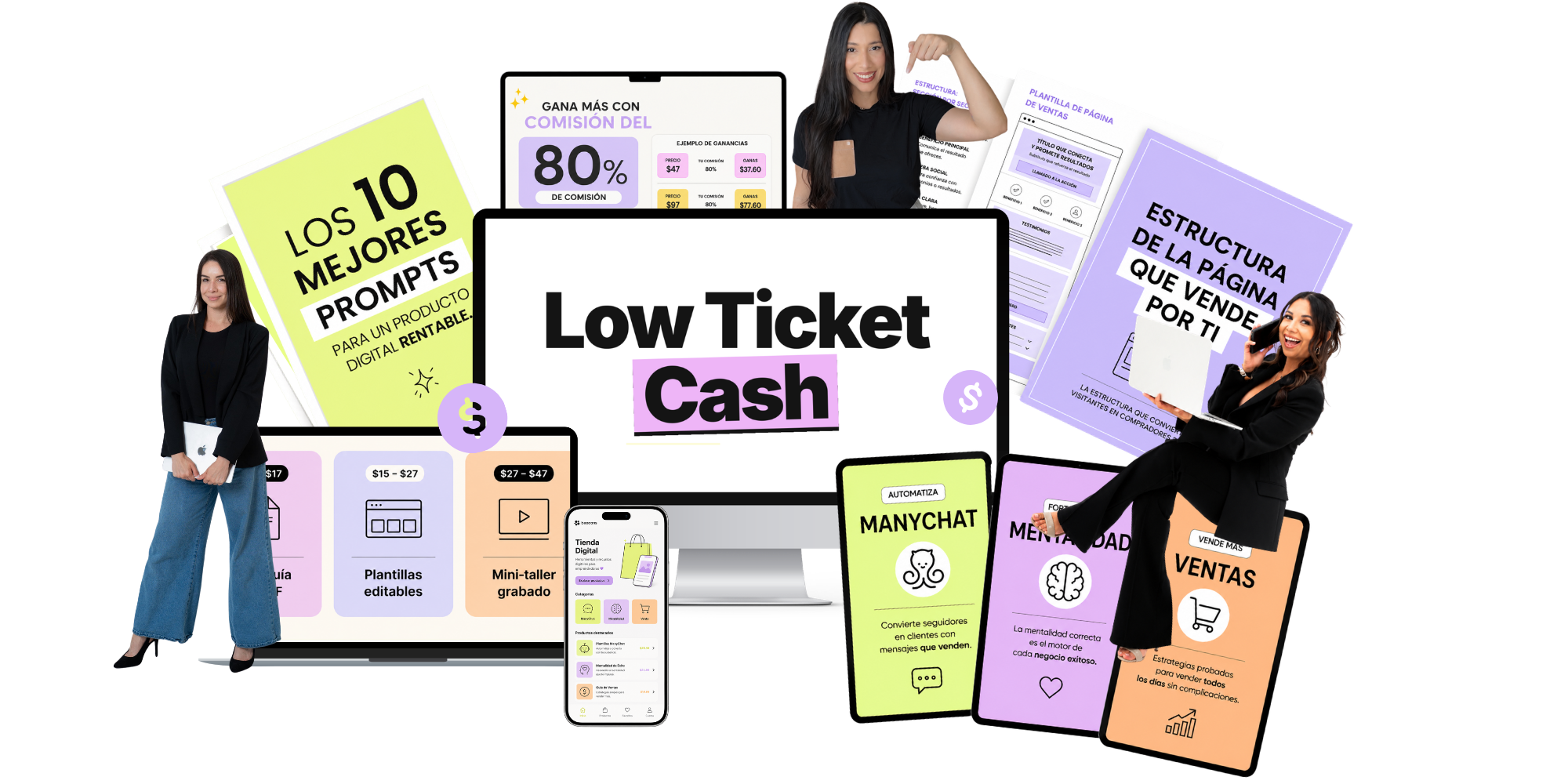 Mockup de Low Ticket Cash mostrando el producto en computadora, tablet y móvil